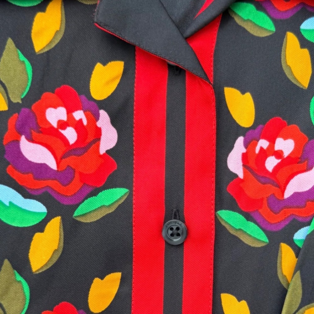 Kate Spade New York Sz XS Rose Border Silk Blend Shirt Black Red Floral K9704 - Picture 9 of 14